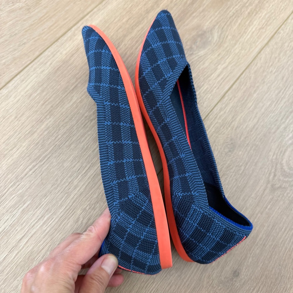 Rothys The Point Navy Blue Plaid Pointed Toe Flats Neon Orange Sole Womens 6.5 - Picture 6 of 8